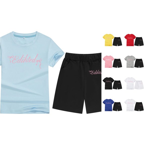 Girls Bow Print Short Sleeve T-Shirt & Candy Color Outfit Set for Toddlers Girl Comfy Outfit Sets