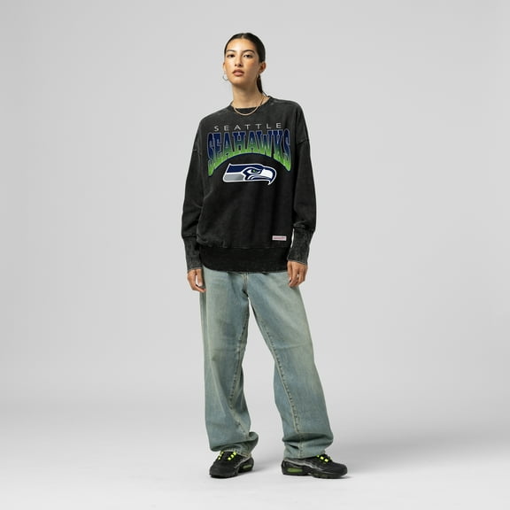Women's Mitchell & Ness  Black Seattle Seahawks Delineate Mineral Wash Crewneck Sweatshirt