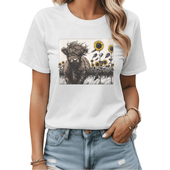 Whimsical Highland Cow & Sunflower Graphic Tees Womans T shirt Black/White S-5XL Shirts Country Nature Tops