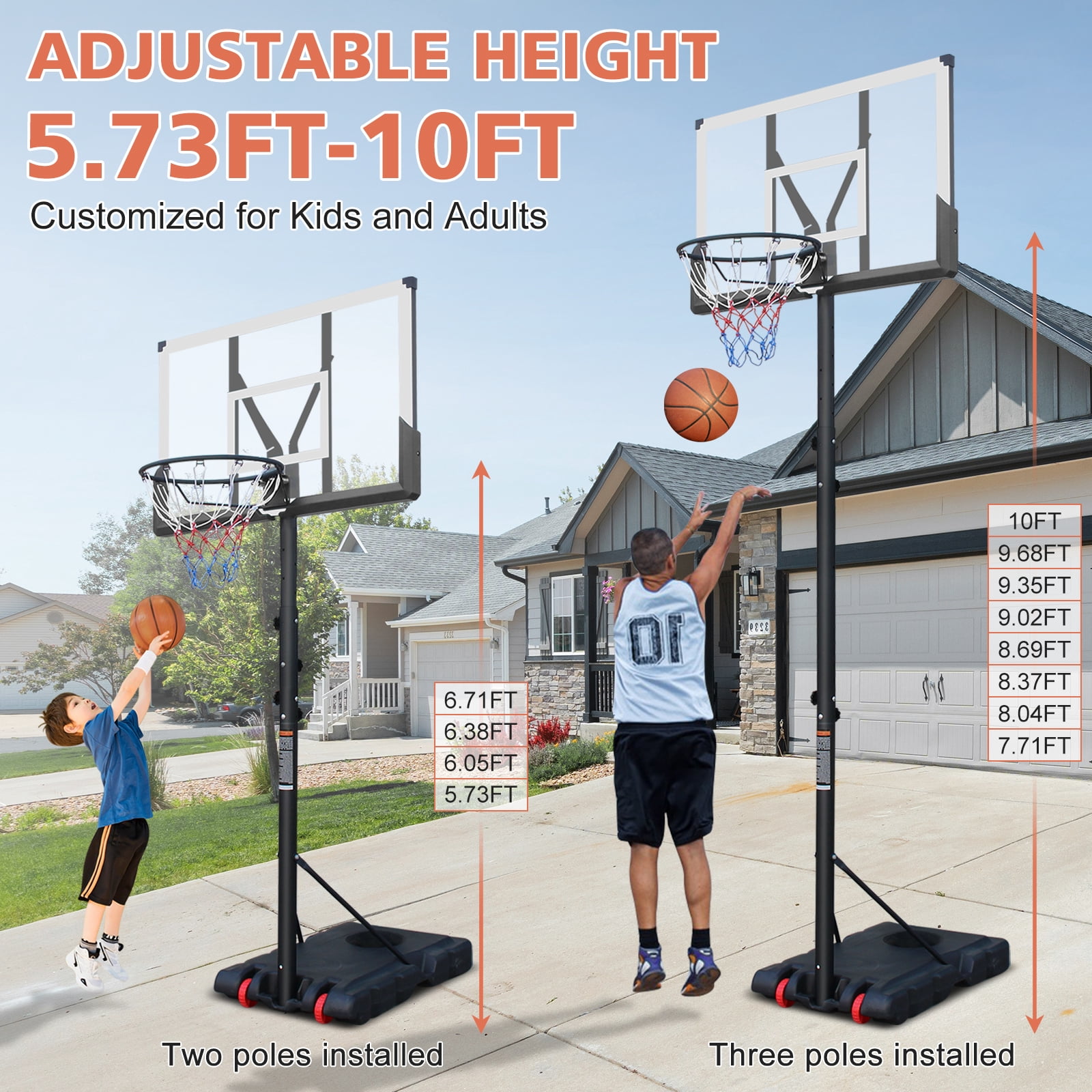 Adjustable Basketball Hoop, 5.7-10ft Height, Shatterproof Backboard, Portable Stand, Indoor & Outdoor
