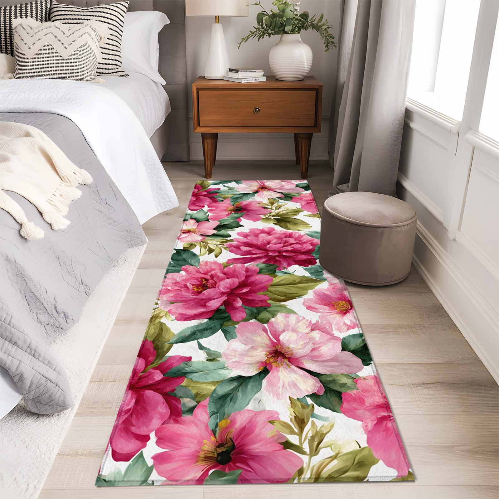 Pink Floral 2'x6' Runner Rugs for Hallway Kitchen Bedside Non Slip Washable, Watercolor Flowers Leaves Plants Watercolor Entryway Rug Runners with Rubber Backing, Long Carpet Runner for Laundry Room
