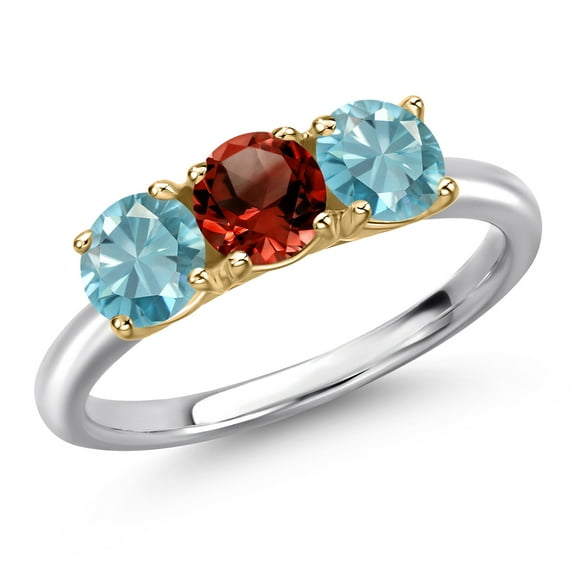 Gem Stone King 10K Two Tone Gold Red Garnet and Blue Zircon Engagement Ring for Women | 2.25 Cttw | Round 5MM | Gemstone January Birthstone | Size 6