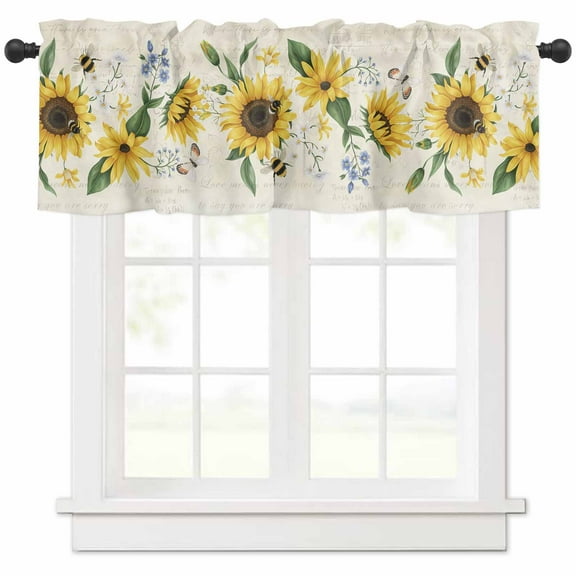 Sunflower Valances for Windows Farmhouse Kitchen Curtains Valances Rod Pocket Valance Curtains for Kitchen Windows Vintage Beige Bee Farm Botanical Flower Window Valances for Bathroom Bedroom 60"x18"