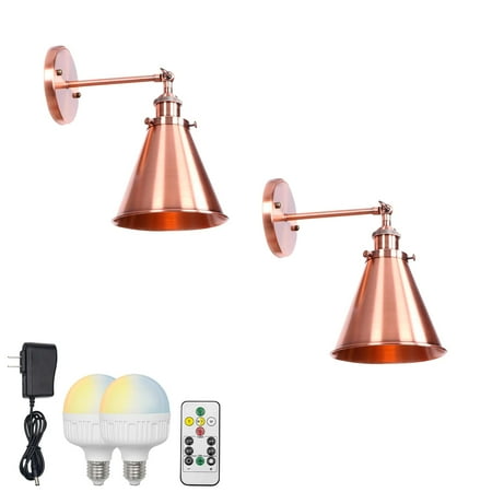 

FSLiving Battery Opertaed Wall Sconce Wireless Remote Control Lamp Rechargeable Stepless Dimming LED Bulb Retro Design Red Bronze Metal Wall Light Fixture Nightstand Lamp for Indoor - Set of 2