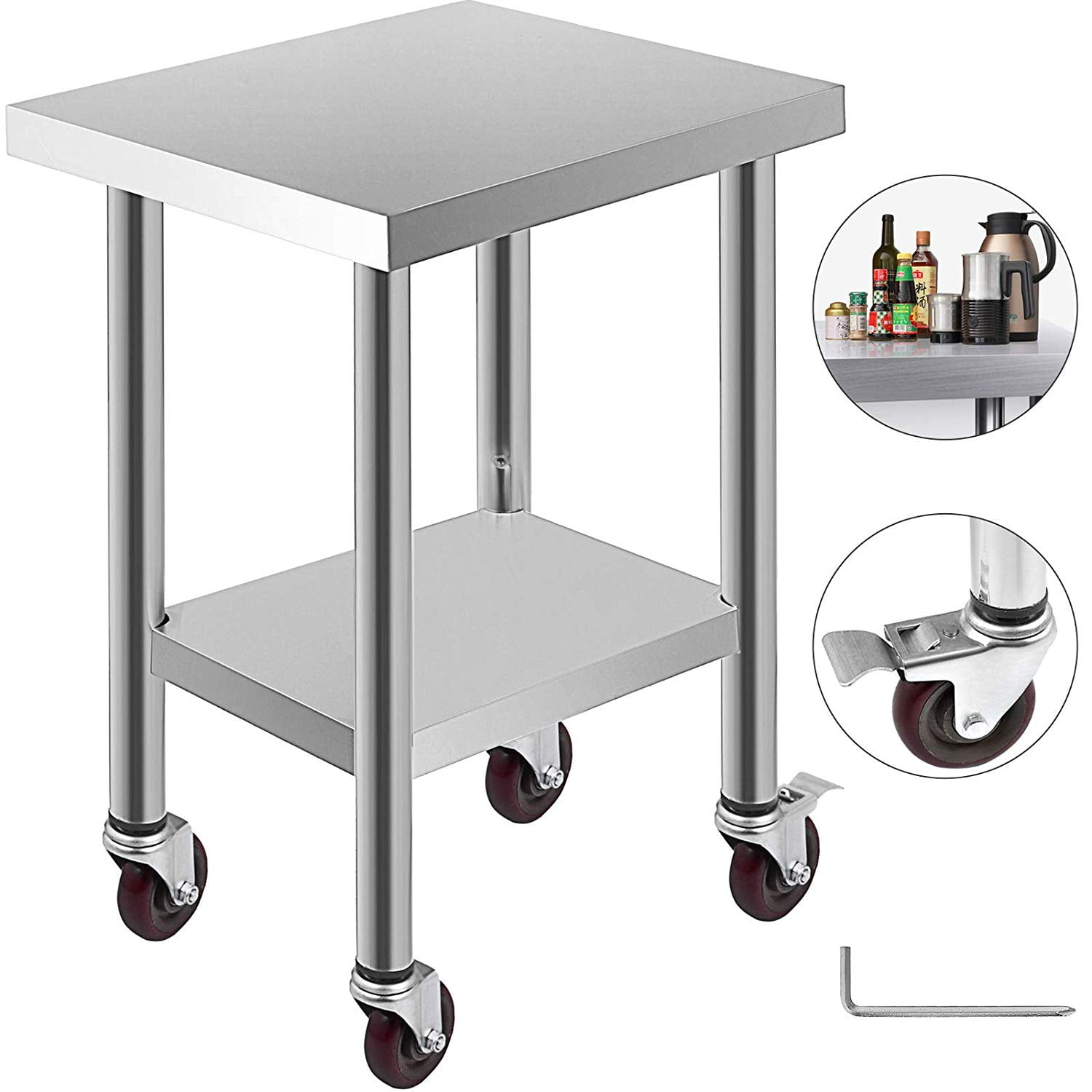 24"x18"Stainless Steel Work Table 3-Stage Adjustable Shelf with 4 Stainless Steel Work Table With Wheels