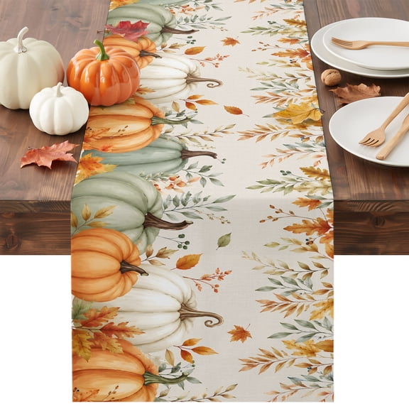 Orange Green Pumpkins Fall Table Runner - 90 Inch Long Thanksgiving Maple Leaf Rustic Cotton and Linen Blended Dress Scarves Farmhouse Table Runner for Kitchen Dining, Coffee Table, 13" x 90"
