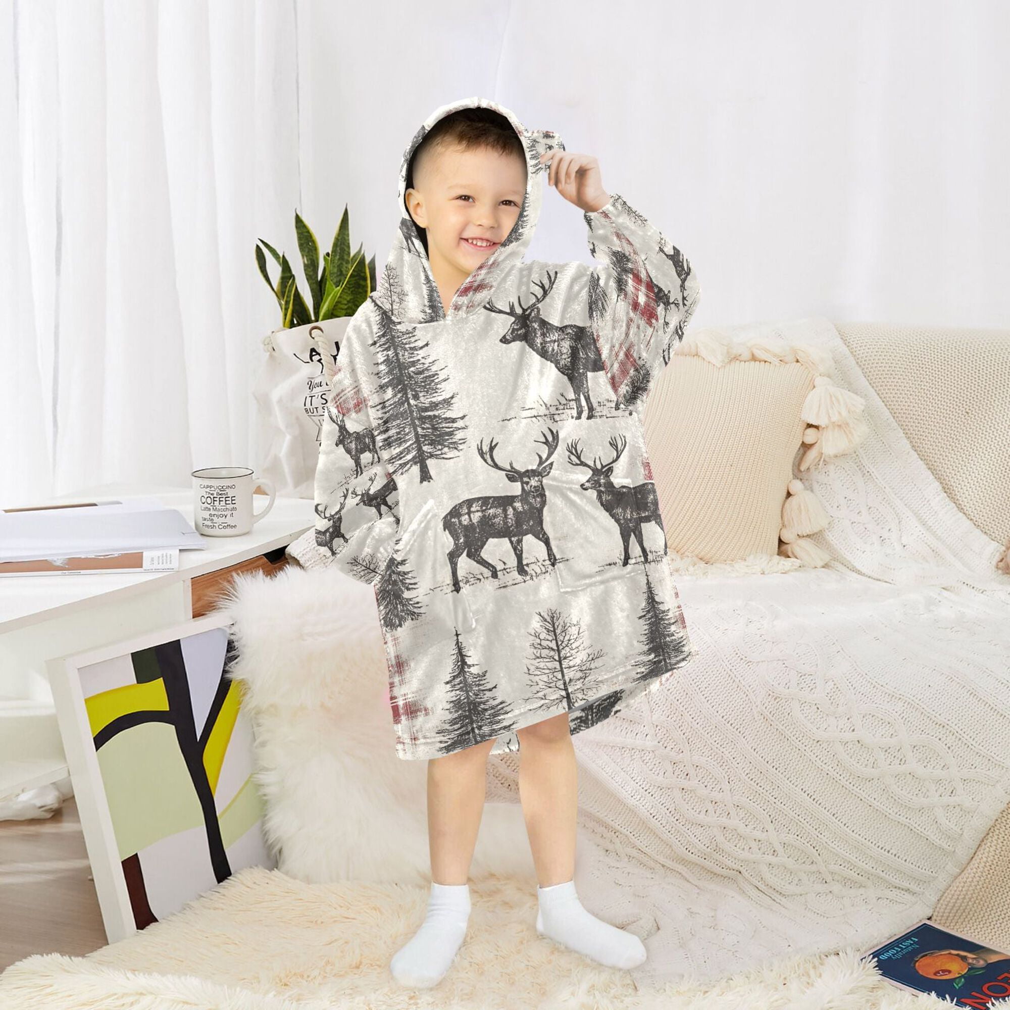 FORMRS Wearable Blanket Hoodie with Sleeves for Kids Cozy Flannel Sweatshirt, Beige Deer