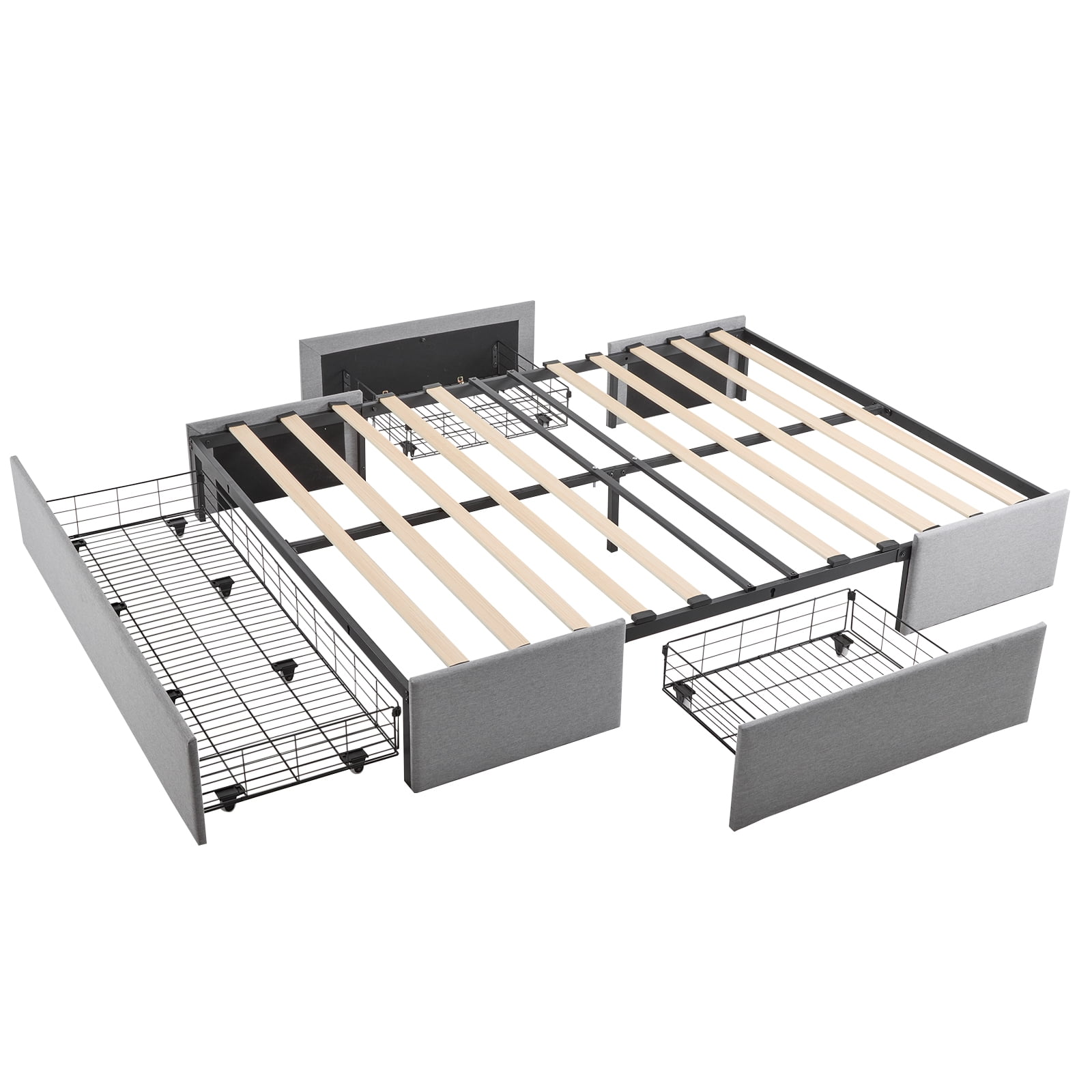 Ktaxon Full Size Bed Frame, Gray, with 3 Drawers Storage, Wood