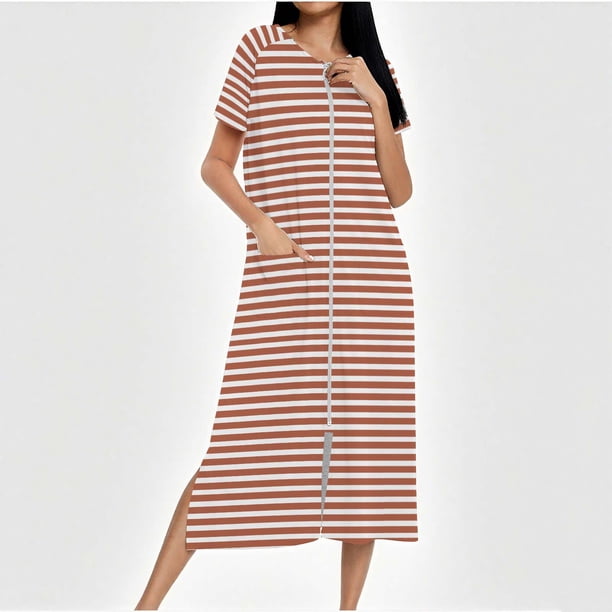 Camisón largo con cremallera para mujer, bata de punto, largo completo, color degradado, con bolsillos