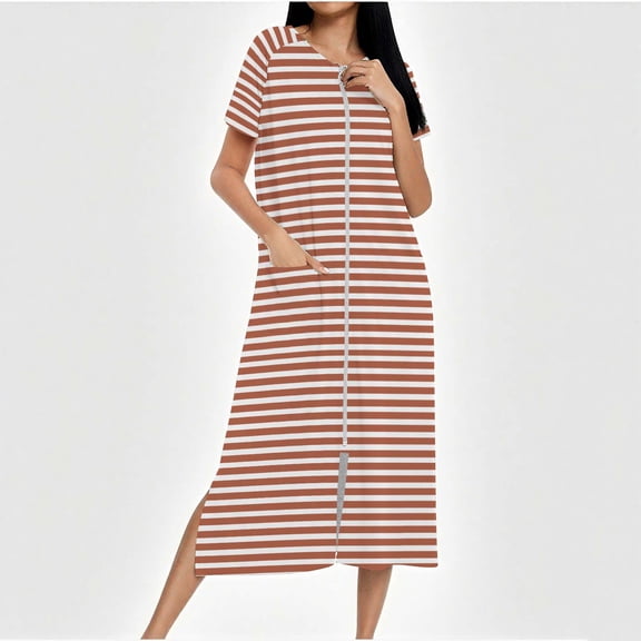 FAHXNVB Women Long House Coat Short Sleeve Zipper Front Full Length Nightgowns with Pockets Striped Printed Loose Loungewear