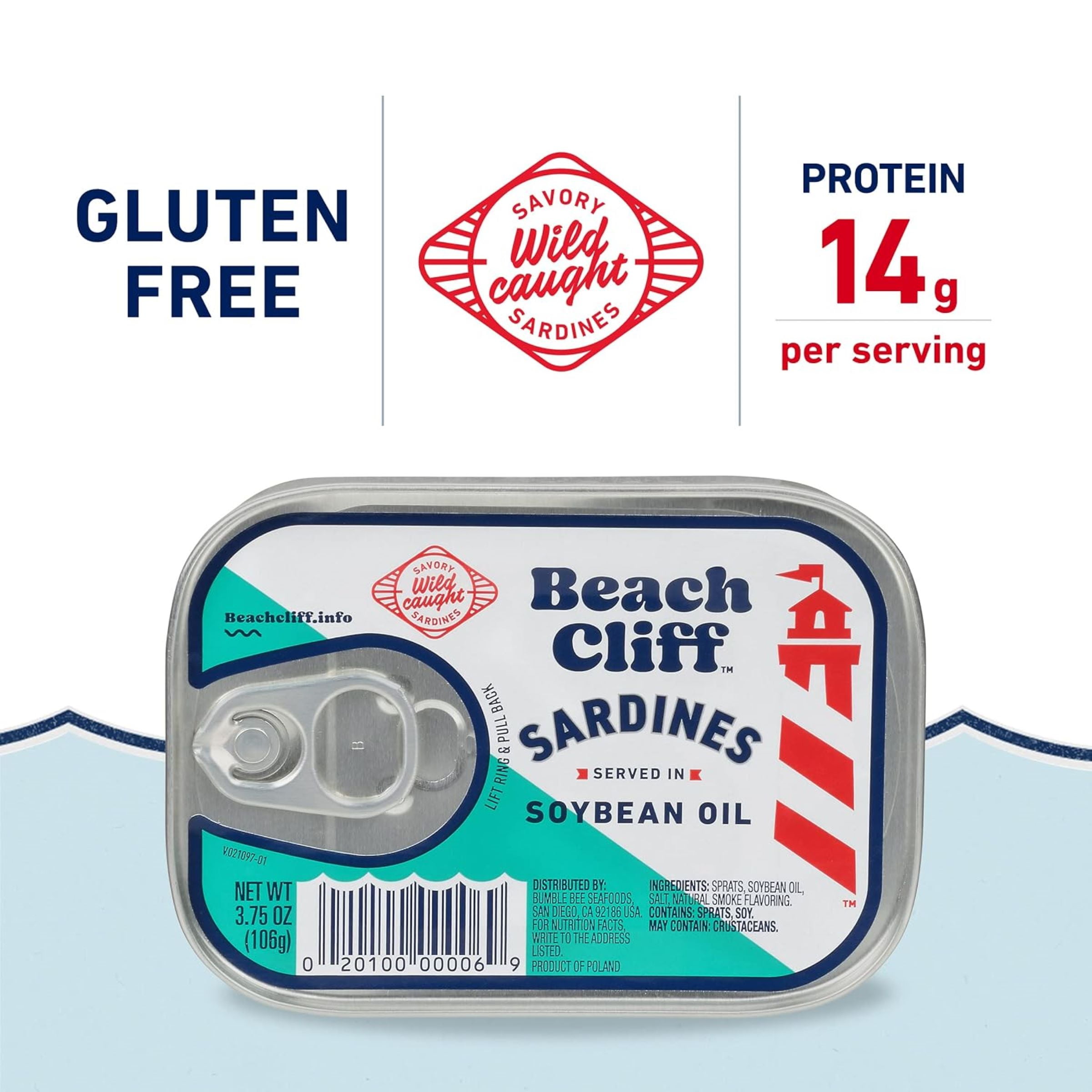 (2 pack) Beach Cliff Wild Caught Sardines in Soybean Oil, Gluten Free, 14g Protein Per Serving, Shelf Stable Tin Can, 3.75 oz (Pack of 3)