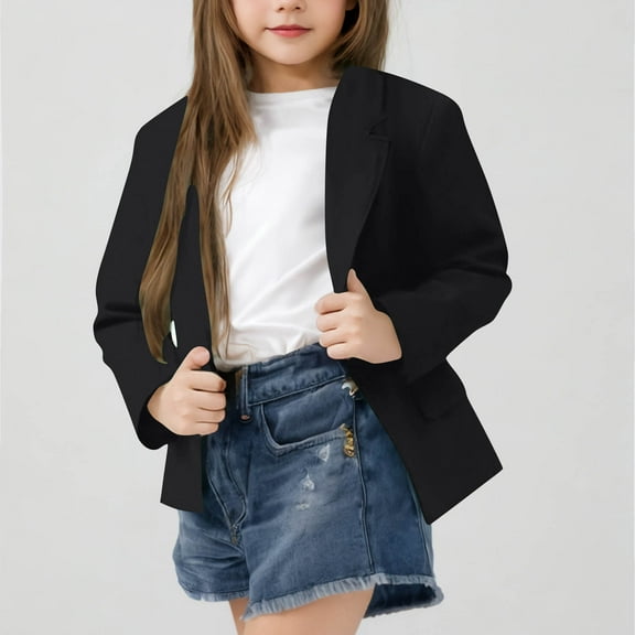 Delliss Girls Lapel Collar Long Sleeve Jacket Suit Blazer Solid Color Open Front Casual Kids Blazers Suit 5-14 Years