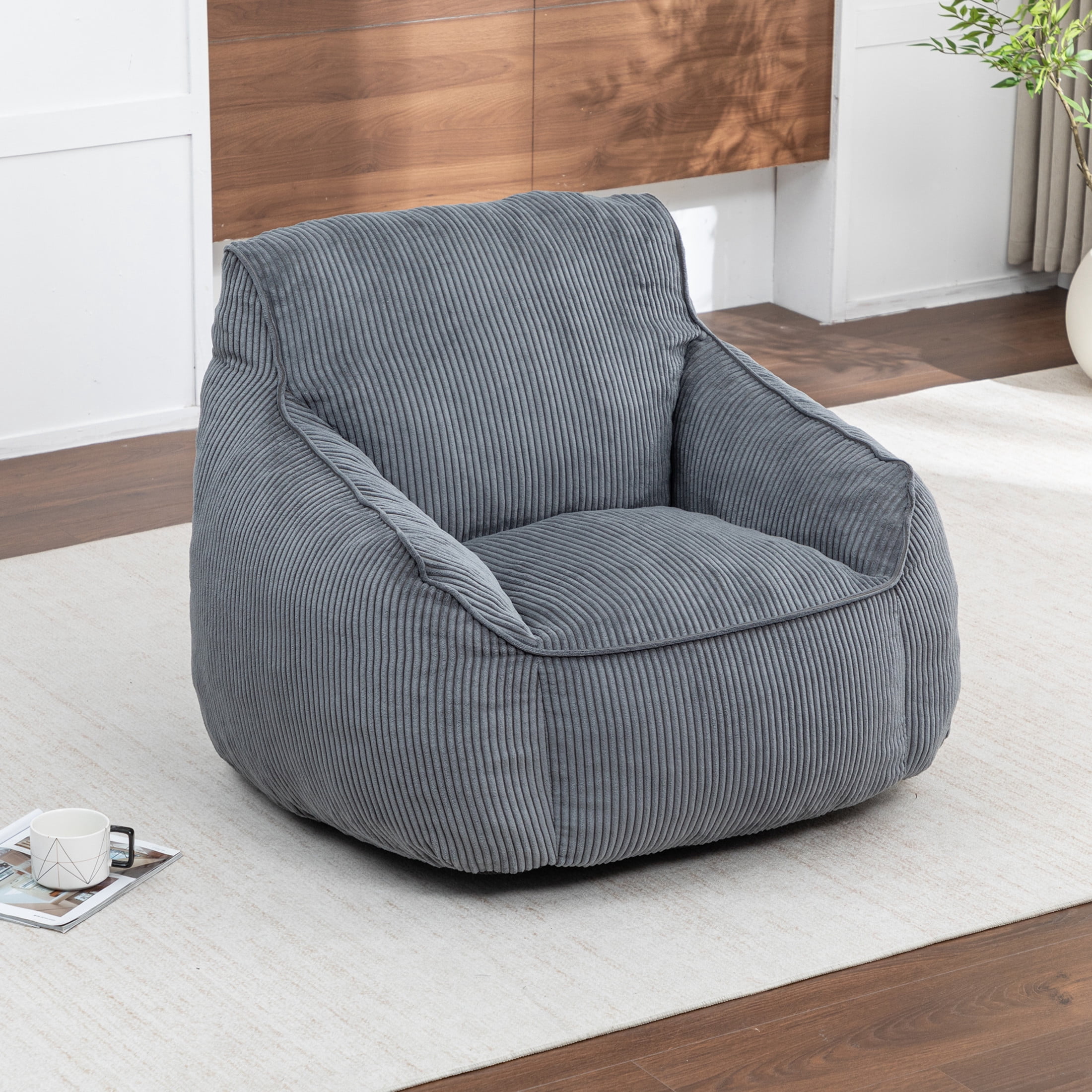Noble House Prado Ergonomic Corduroy Bean Bag Chair, Comfy Foam Floor Armchair for Bedroom, Living Room, Dark Gray