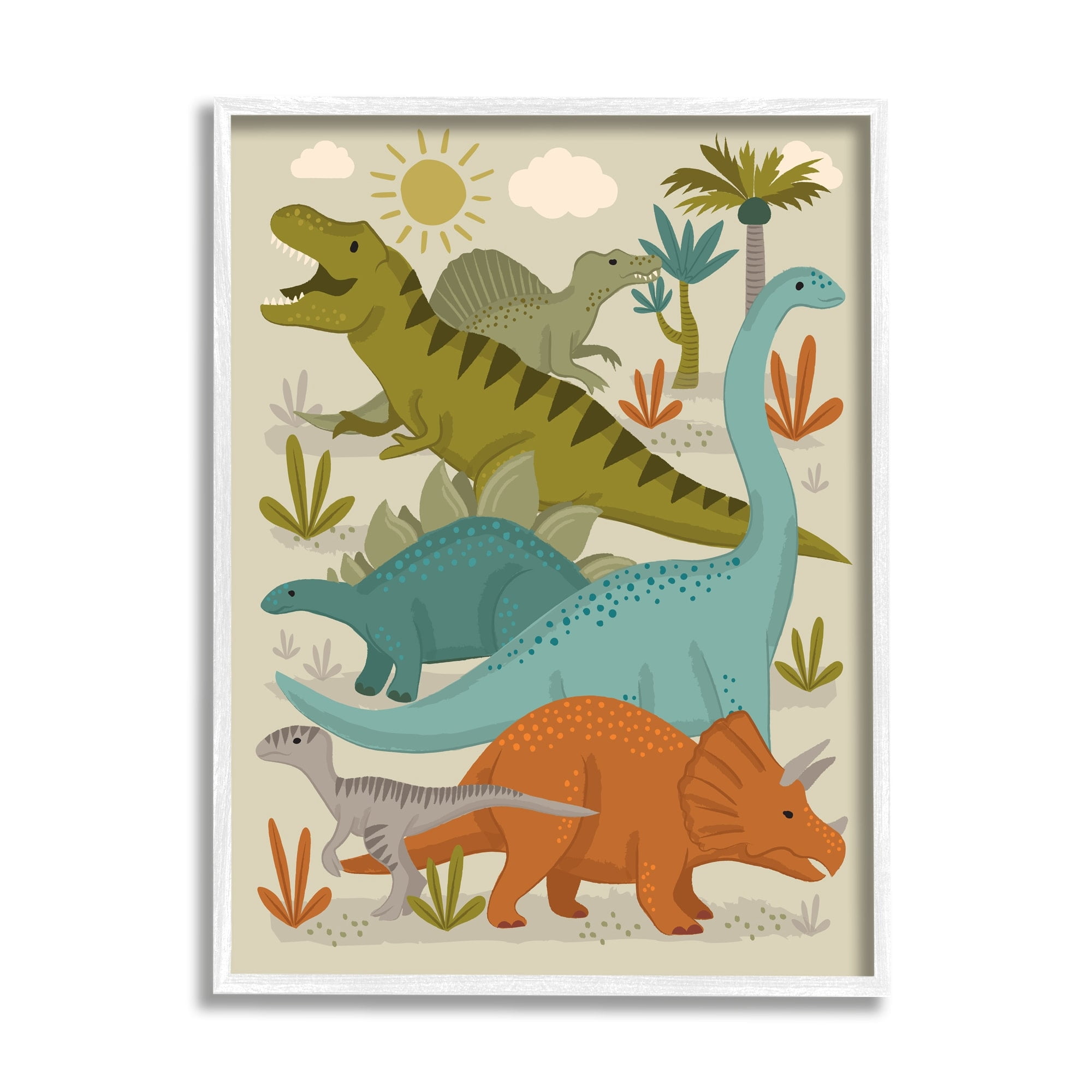 Stupell Industries Mixed Dinosaurs Grazing Wildlife Botanicals Sunny Day Framed Wall Art, 24 x 30, Design by Lisa Perry Whitebutton