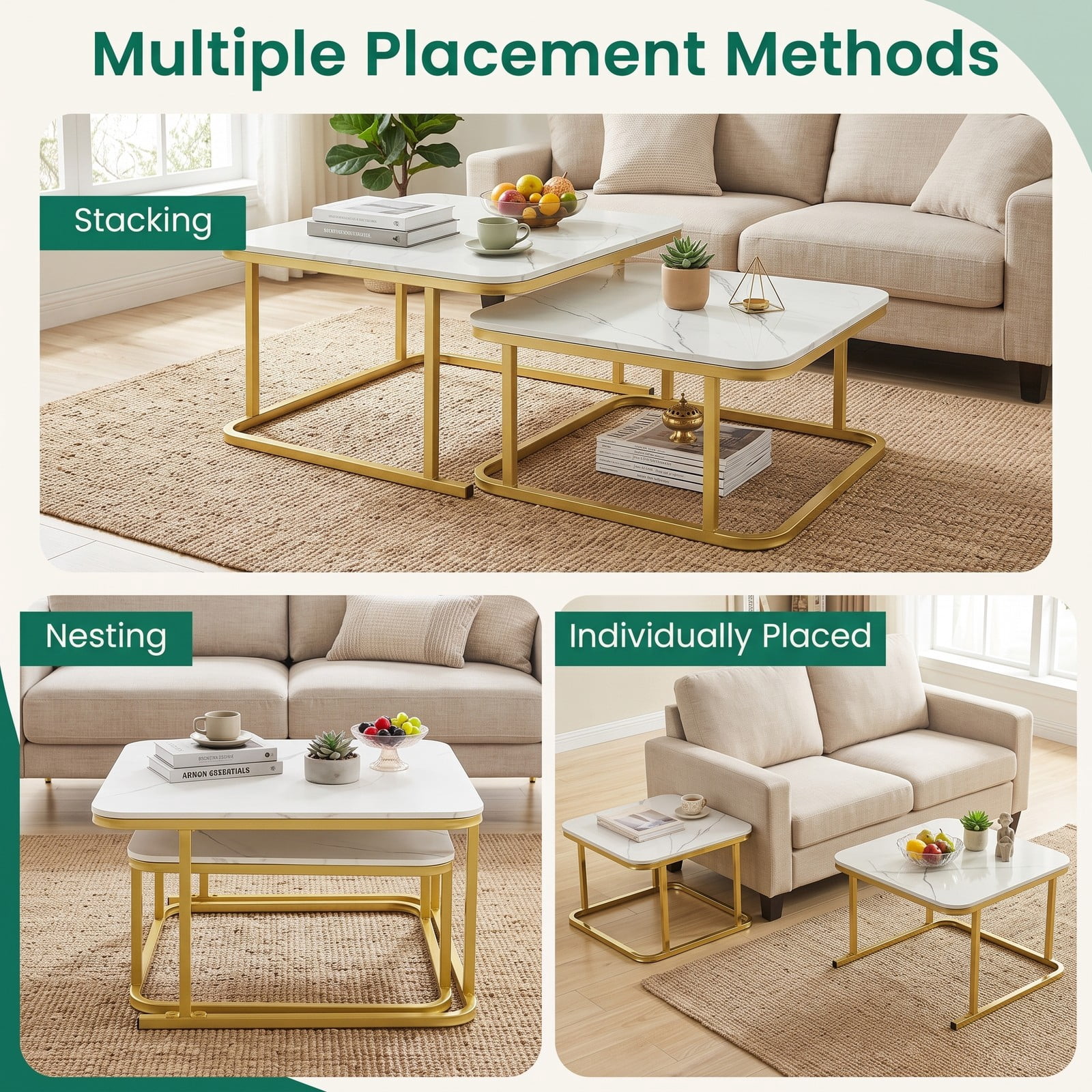Furnibear Nesting Coffee Table Set of 2, Faux Marble Top Round-Corner Cocktail Tables with Powder-Coated Metal Frame, Stackable Space-Saving Side End, White & Gold