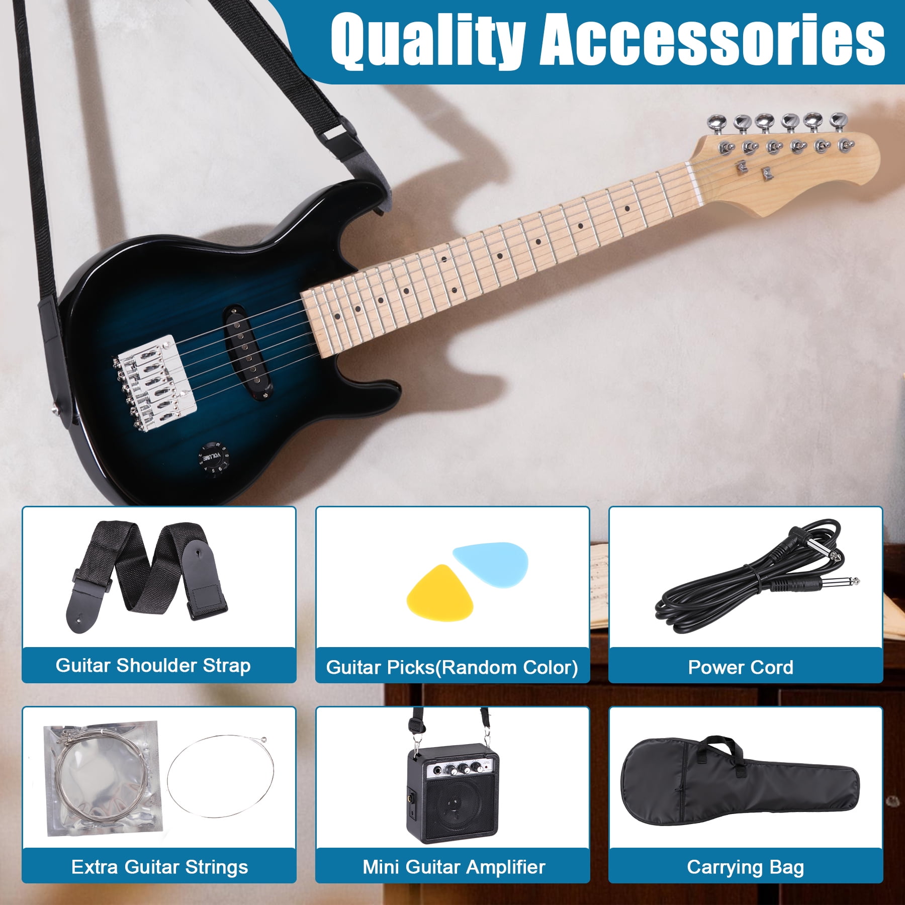 ZenSports 30-inch Kids Electric Beginner Guitar 3/4 Size W/Amp & Accessories Pack, Right-Handed Blue