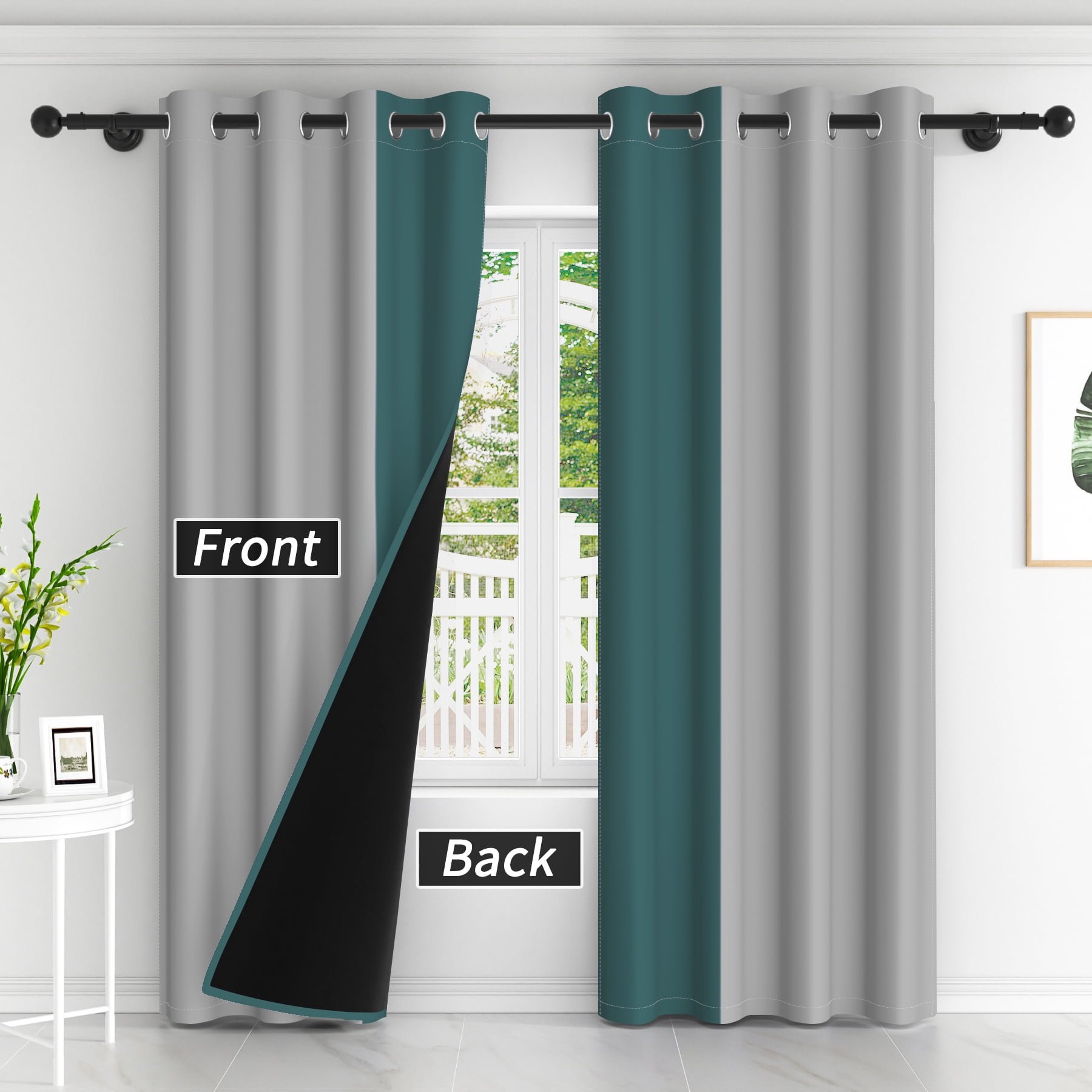 Lfeey Dark Green and Gray Blackout Curtains 63 Inches Long, Room Darkening Grommet Curtains, 2 Panels