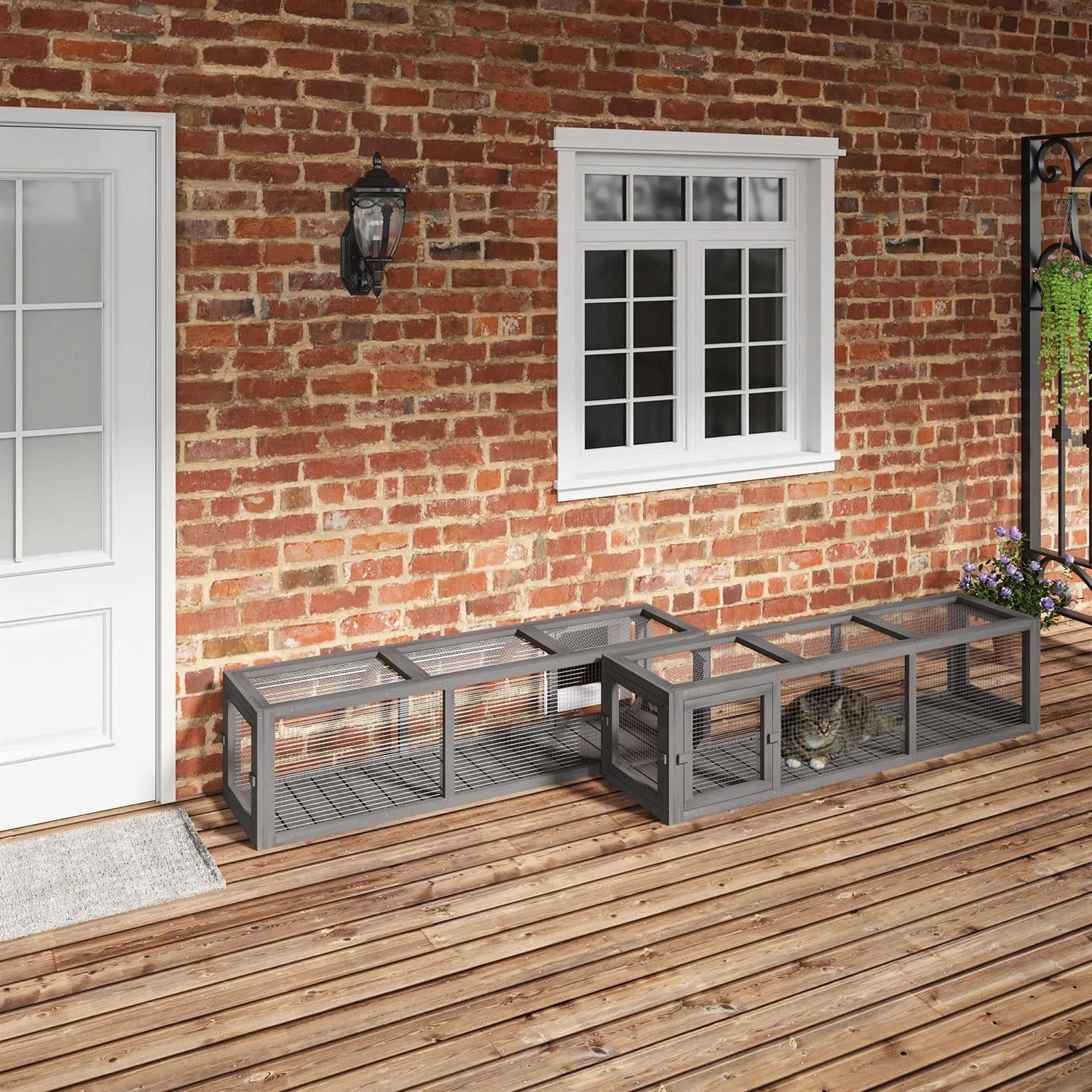 Pefilos 59" Outdoor Cat Tunnel with Weather Protection, Connecting Inside and Outside, Wooden Catio House for Deck Patios, Balconies, Indoor Cat Enclosure, Gray