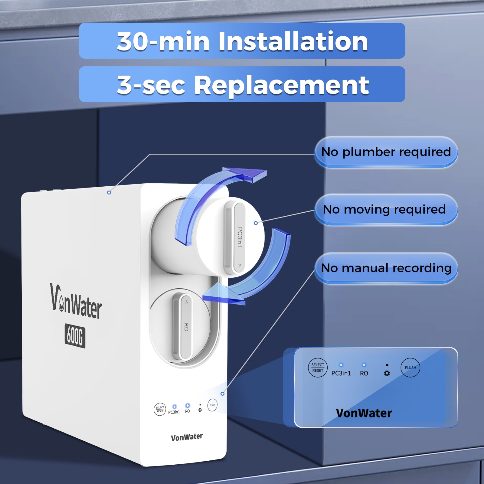 VonWater 600GPD Tankless Reverse Osmosis Water Filter System, 2:1 Pure to Drain Under Sink RO Water Filtration System