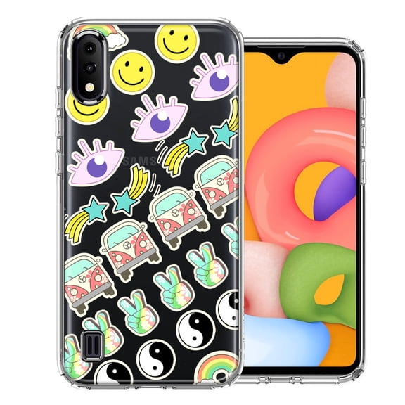 MUNDAZE For Samsung Galaxy A01 70's Yin Yang Hippie Happy Peace Stars Design Double Layer Phone Case Cover