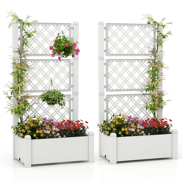 Gymax Raised Garden Bed w/ 3-Height Trellis Self-Watering Standing Planter Box Lattice Panels White