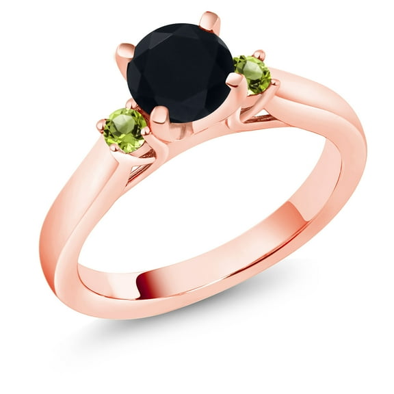 Gem Stone King 18K Rose Gold Plated Silver Black Onyx and Green Peridot 3-Stone Engagement Ring for Women (0.94 Cttw, Round 6MM, Gemstone December Birthstone, Size 5)