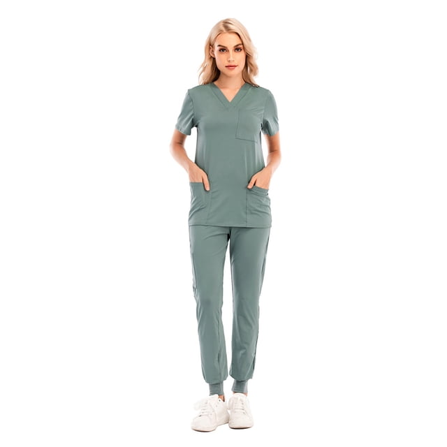 2025 Costumes à Sequins à Manches Courtes Col en V pour Femmes Hauts+pantalons Uniforme de Travail Infirmier avec Poche