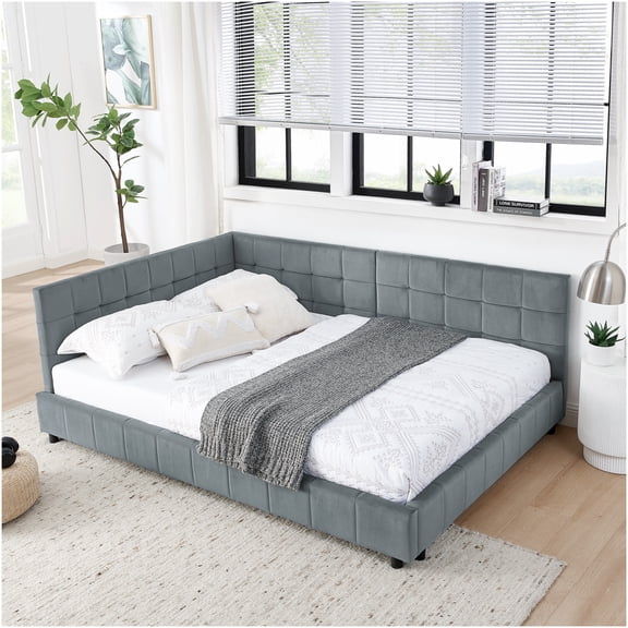 Mid-Century Modern Velvet Daybed Sofa with Backrest, Full Size Convertible Sleeper for Living Room or Bedroom, Grey
