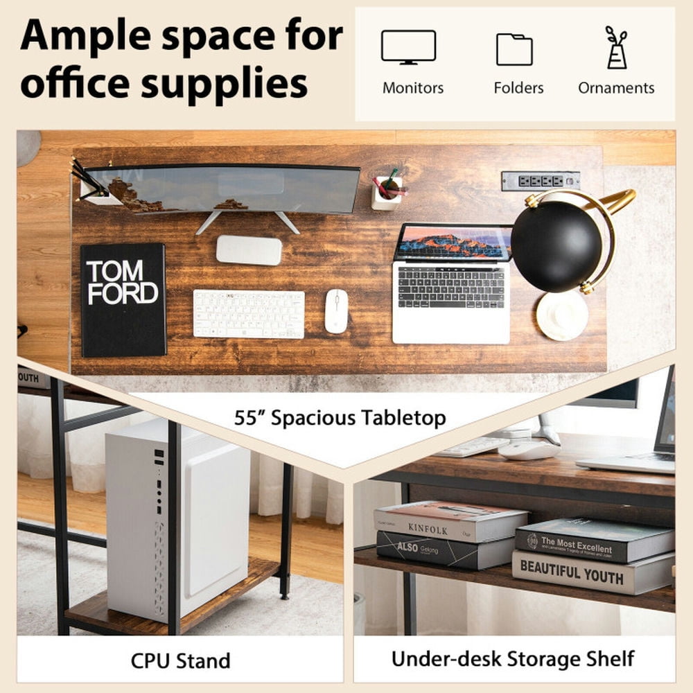 Demi Bonn 55" Computer Desk with Power Outlets and USB Ports for Home and Office Study Writing Table, Brown