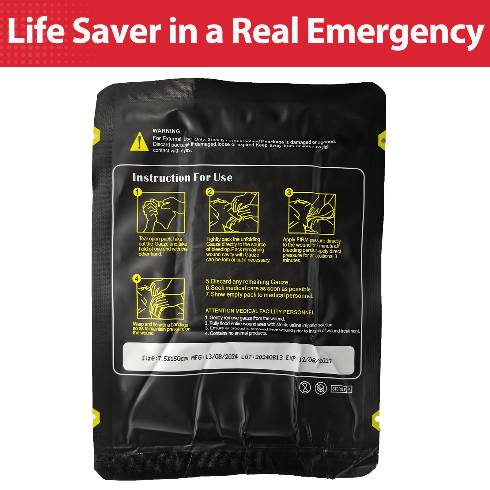 First Aid Advanced Quick Clotting Combat Hemostatic Gauze - to Stop The Bleed kit Faster,  Survival Kit Supplies - 3" x 12.5' (3 Packs)