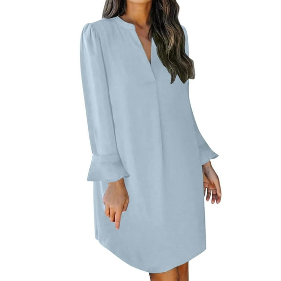 WENWU Dress for Women V Neck Long Sleeves Solid Color Flowy Casual Summer Dresses Fitted Dresses for Women Casual Summer Casual Summer Dresses