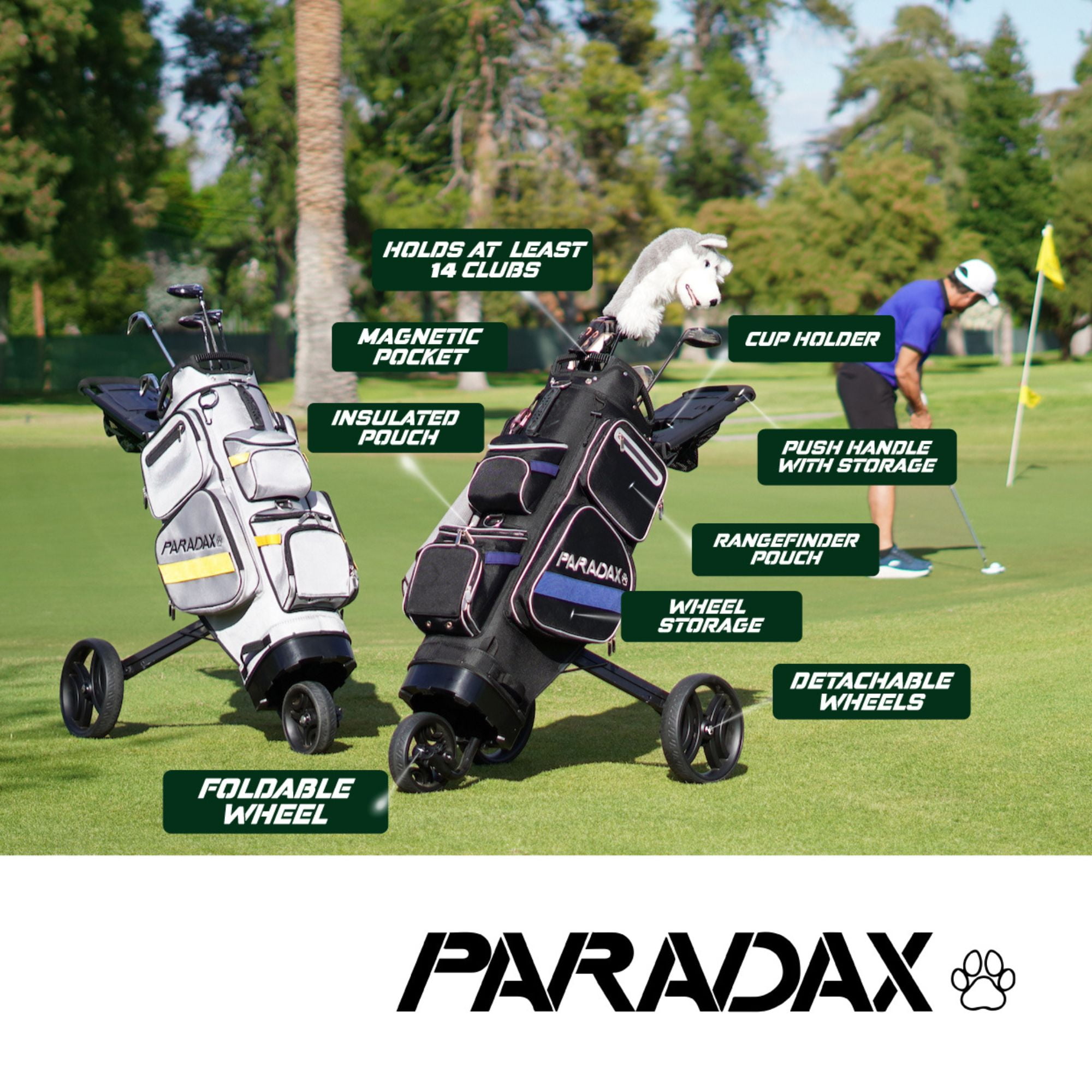 Paradax AI-1 All-In-One Golf Bag with Built-in 3-Wheel Push Cart - Gray Bag with Black Accents