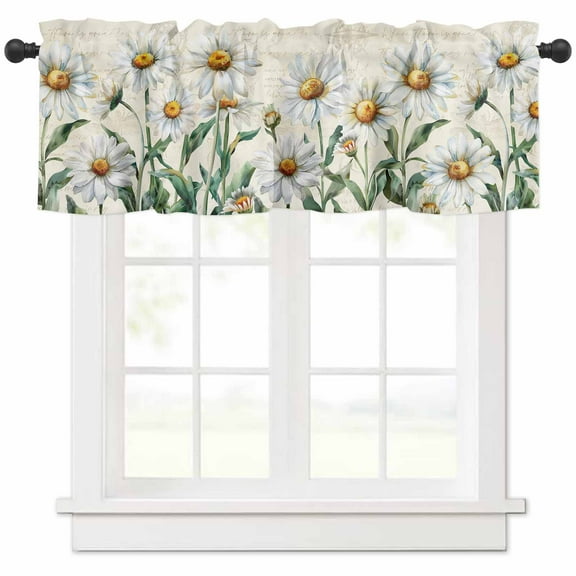 Hokiten Rod Pocket Curtain Valance, Spring Floral Farmhouse Window Valance for Living Room, Bedroom, Kitchen Vintage Summer Botanical White Daisy 60"W x 18"L