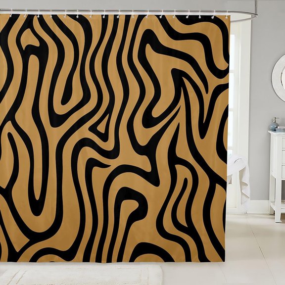Abstract Wavy Lines Shower Curtain Gold and Black Waterproof Fabric Bathroom Decor with Hooks 71x71 inches