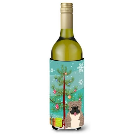 

Merry Christmas Tree English Bulldog Grey Brindle Wine Bottle Beverge Insulator Hugger