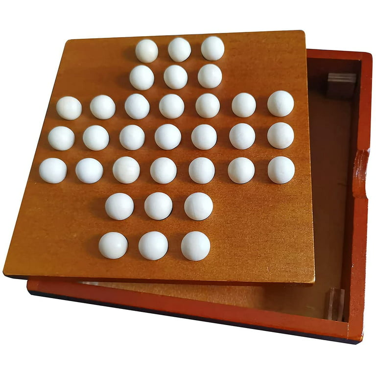 Solitaire Board Game, Jumping Marbles Peg Solitaire, with 33 Wooden Marbles,  Built-in Storage Function, Puzzle Card Board Game for Adults and Children 