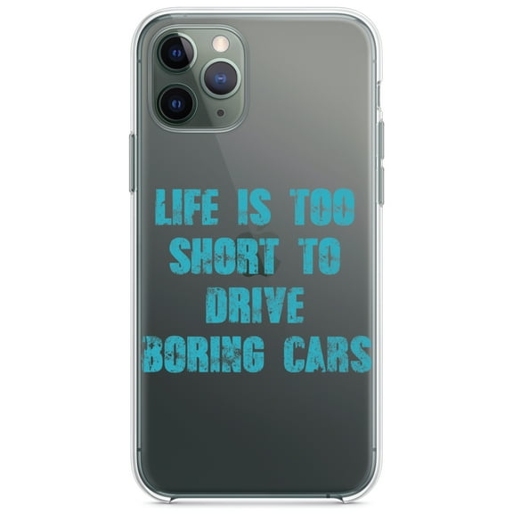 DistinctInk Clear Shockproof Hybrid Case for iPhone 13 (6.1" Screen) - TPU Bumper Acrylic Back Tempered Glass Screen Protector - Life is Too Short to Drive Boring Cars