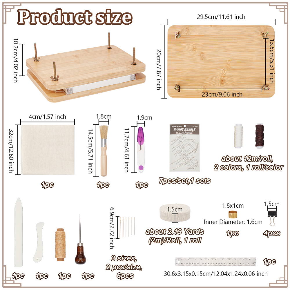 1box DIY Bookbinding Kits Including Wooden Book & Bristles Carbon Steel Needle Cotton Cloth Fabric Polycotton Ribbon & Cord Scissors Clips Rulers Thimbles Leather Craft Tools Mixed color