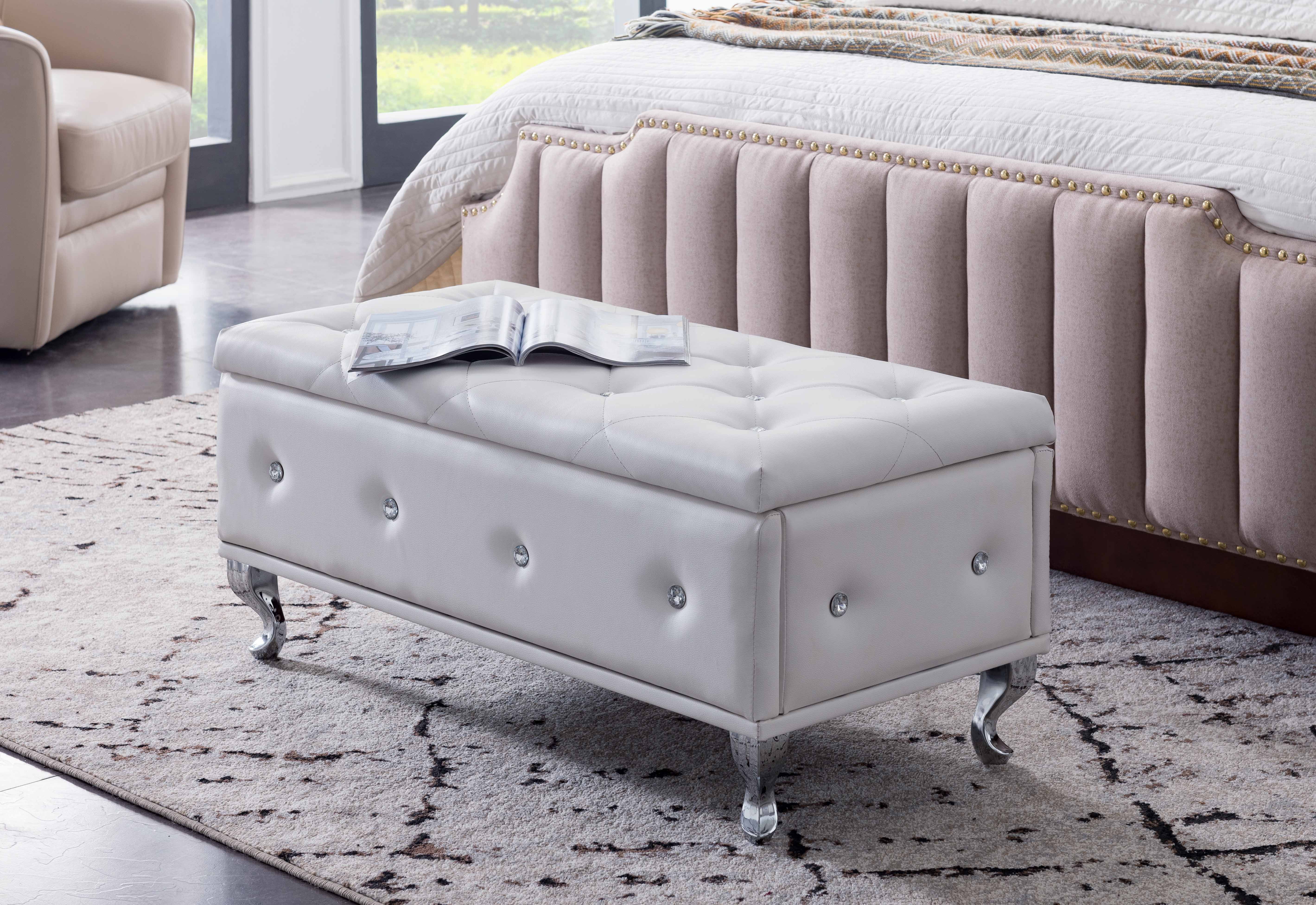Jane White Upholstered Faux Leather, Contemporary Leather Storage Bench