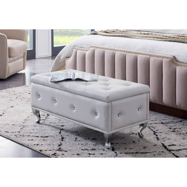 Jane White Upholstered Faux Leather, Silver Leather Storage Ottoman
