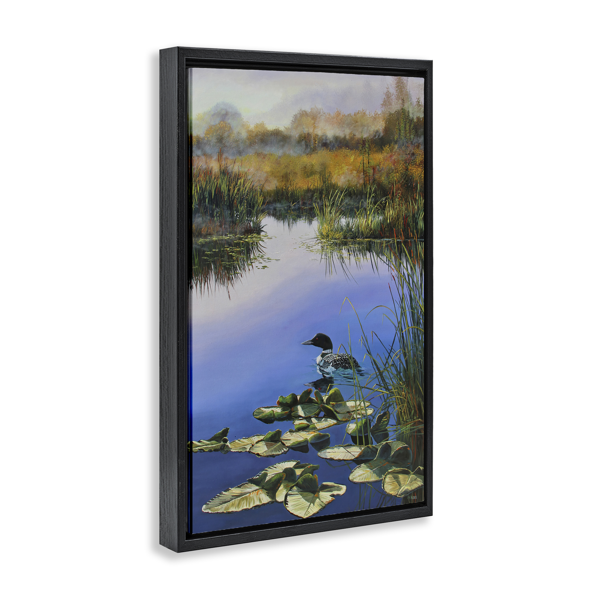 Stupell Industries Duck's Morning Solitude Landscape & Nature Painting Black Floater Framed Canvas Art Print Wall Art, 17 x 25