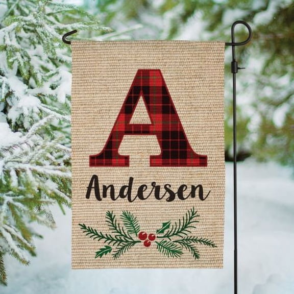Personalized Christmas Plaid Burlap Garden Flag