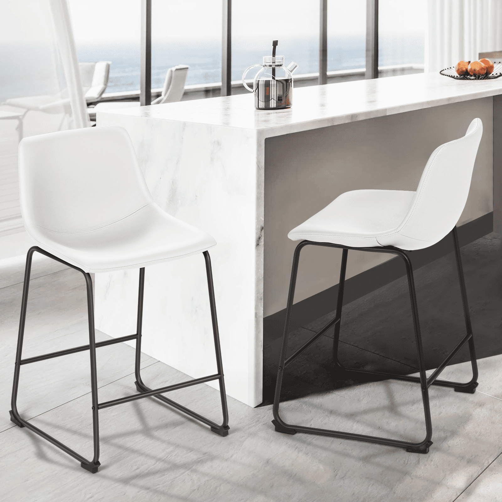 Magshion Modern Barstools Set of 2, PU Leather Counter Height Bar Stools, Dining Pub Chairs with Padded Bucket Seat, White