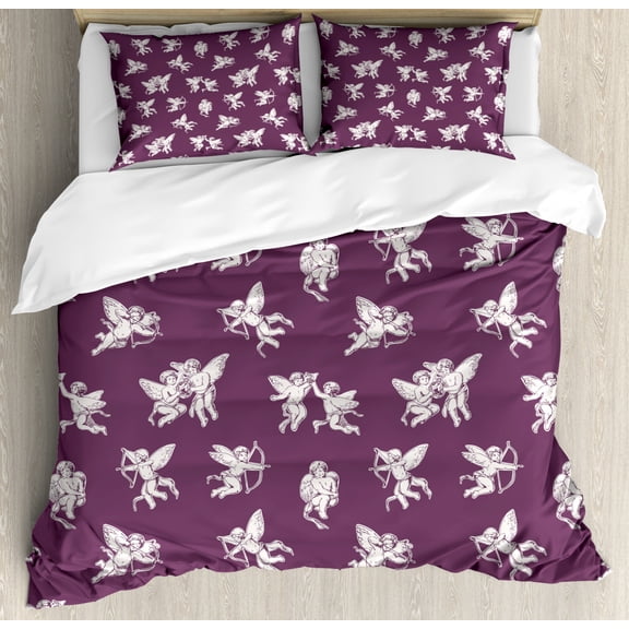Arrow Duvet Cover Set King Size, Repetitive Flying Angel Drawings Characters Charming Love Struck Theme, Decorative 3 Piece Bedding Set with 2 Pillow Shams, Eggplant White, by Ambesonne