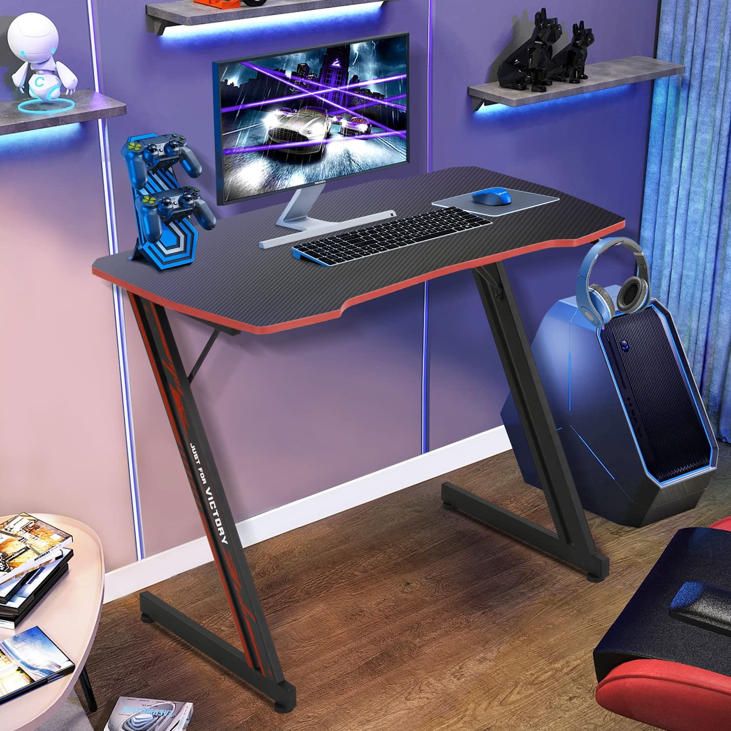YRLLENSDAN Gaming Table with Headphone Hook, 40 inch Gaming Computer Desk for Small Spaces, PC Gamer Desk Table for Home Office, Computer Workstation with Z-Shaped Steel Leg, Black and Red