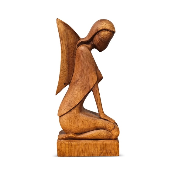 12" Wooden Handmade Abstract Sculpture Statue Handcrafted "Kneeling Angel" Gift Art Decorative Home Decor Figurine Accent Decoration Artwork Hand Carved