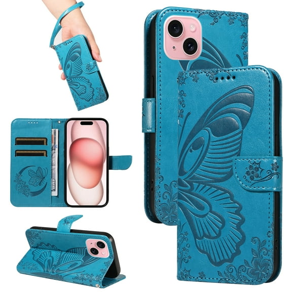 for iPhone 14 Plus Case Wallet for Women, Flip Folio Cover with Butterfly Pattern PU Leather Stand Card Holder Slots Wrist Strap Protective Phone Case for iPhone 14 Plus, Blue