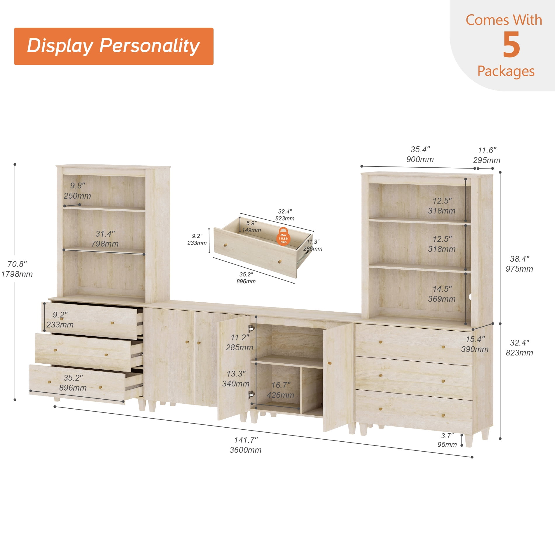 WAMPAT Wall Unit Entertainment Center for 75" TVs with Drawers&Doors, Light Oak