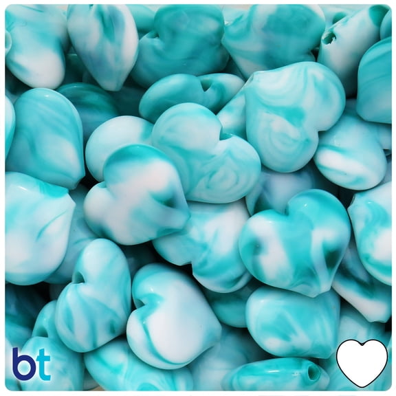 BeadTin Turquoise & White Swirl Opaque 23mm Heart Plastic Beads (24pcs)