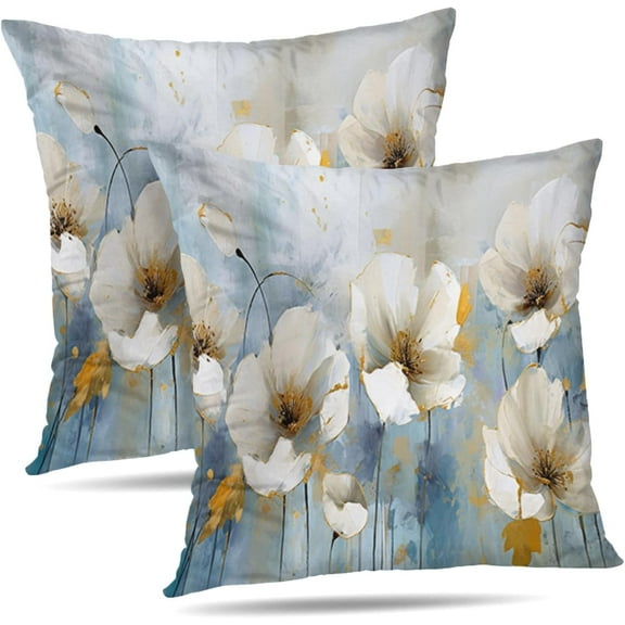Blue Golden Floral Decorative Throw Pillow Covers Velvet Pillow Covers Watercolor Flowers Pillowcase Square Cushion Covers Sofa Bed Décor 18X18 inch Set of 2